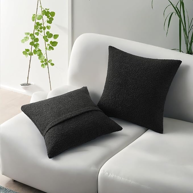 HAUSSY Set of 2 24x24 Decorative Throw Pillow Covers, Soft Cozy European Pillow Shams Textured Boucle, Home Decor for Couch Bed Living Room, Black