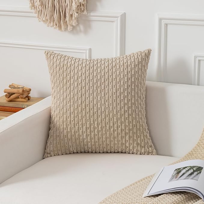 Kevin Textile Throw Pillow Covers Soft Corduroy Decorative Set of 2 Boho Striped Pillow Covers Pillowcases Farmhouse Home Decor for Couch Bed Sofa Living Room 16x16 Inch Beige