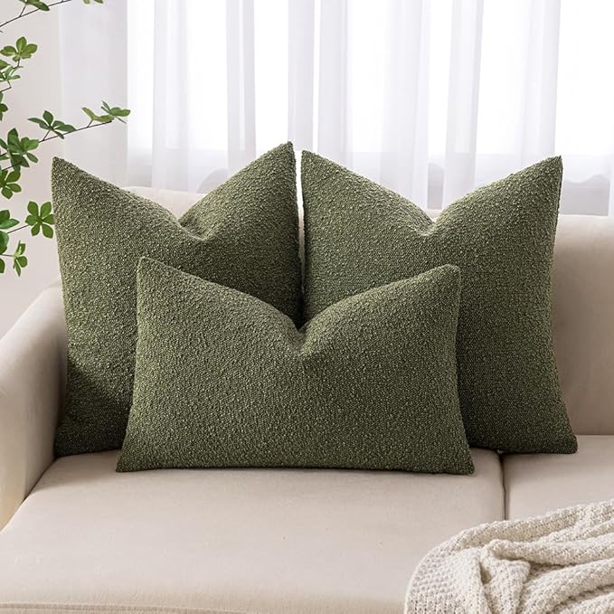 MIULEE 20x20 Inch Decorative Pillow Covers for Couch Bed Set of 2 Textured Boucle Neutral Spring Throw Pillows Olive Green Accent Solid Cushion Pillowcases Sofa Livingroom Home Decor