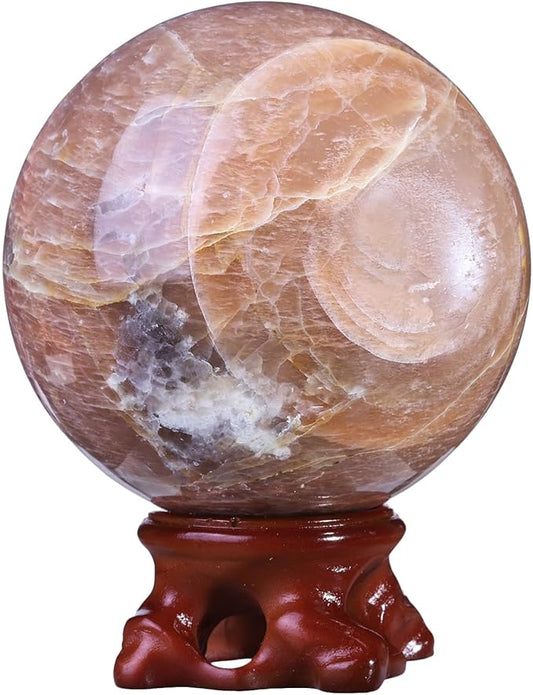 Nupuyai Natural Orange Moonstone Crystal Ball with Resin Stand, Healing Crystal Sphere for Home Decor 2.8"-3.15"(71mm-80mm)