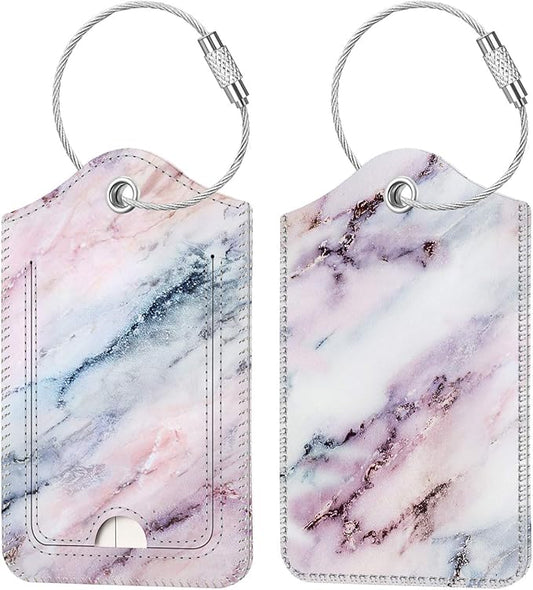 Fintie Luggage Tags, Privacy Cover ID Label with Stainless Steel Loop and Address Card for Travel Bag Suitcase - Marble Pink (2 Piece)