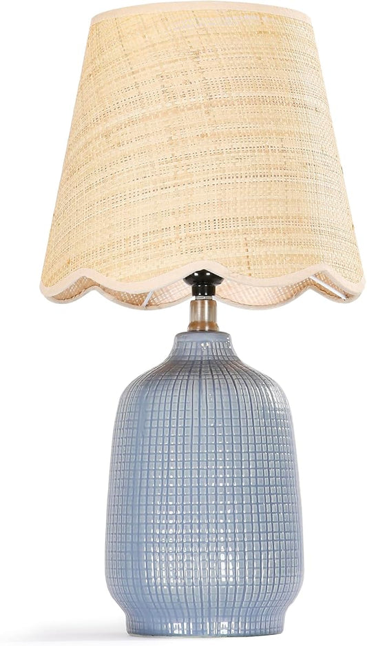 Pia Ricco 19" Modern Ceramic Table Lamp for Living Room Gray Bule Base Desk Lamps for Bedroom Farmhouse Bedside Nightstand Lamp End Table Lamps,Bule,Rattan Shade