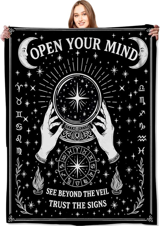 Black White Tarot Zodiac Signs Blanket Halloween Holiday Decor Occult Throw Gifts for Adults Lightweight Soft Fleece Divination Crystal Ball Blankets for Sofa Couch Witchy Decoration 50x60in