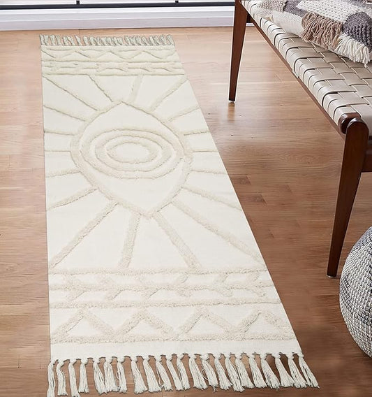Uphome Boho Runner Rug 2'x6' Beige Evil Eye Tufted Hallway Rug Runner with Tassels Soft Cotton Woven Washable Kitchen Rugs Modern Minimalist Accent Rug for Bedroom Living Room Laundry Porch