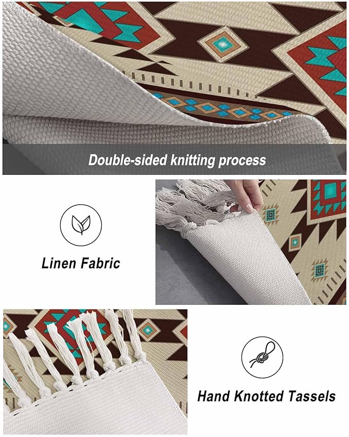 Boho Southwestern Large Runner Rug 4X6 Ft Living Room Area Rug, Washable Woven Aztec Abstract Geometric Throw Carpet with Tassel, Non-Shedding Vintage Native American Patterned Bedroom Office Carpets