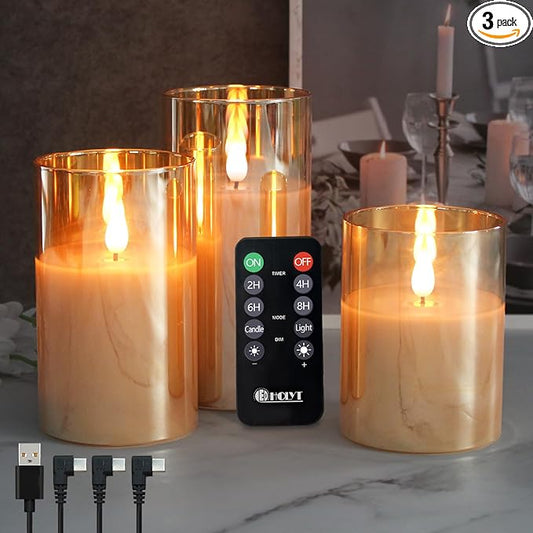 Rechargeable Flameless Candle, Flashing LED Pillar Real Wax Candle with Remote Control and Timer, Upgraded Teardrop Wick, Gold Glass Electronic Candle, 1 Set of 3