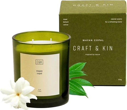Craft & Kin 12oz Mayan Copal Scented Candles for Home | Premium Green Scented Candles for Men | Made with Natural Soy | Winter Candles Gifts for Men and Women | Nature Collection