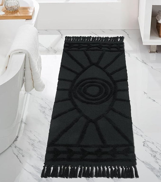 Uphome Kitchen Rug 2'x4.3' Washable Evil Eye Tufted Bathroom Runnner Rug with Tassels Soft Cotton Woven Boho Rug Farmhouse Aesthetic Dark Gray Accent Mat for Bedroom Entryway Laundry Room Porch