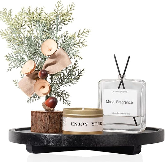Round Decorative Tray Wood Bathroom Counter Organizer Farmhouse Kitchen Decor Wooden Riser for Soap Dish, Perfume, Candle, Sponge, 11" - Black