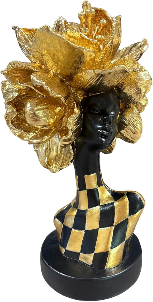 Golden African Woman Statue – Luxurious Resin Figurine with Gold Floral Headpiece and Black-Gold Geometric Dress, Modern African Art Sculpture for Home and Office Décor