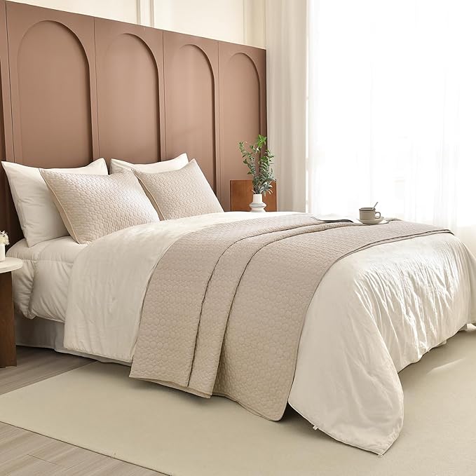 Sanracie Oversized Cotton King Quilt 128"*120" for Extra Bed,3Pcs Linen Colored California King Quilt Sets Oversized Circular Quilting Super Large Wide Cal King Coverlet Thin Comforter Ultra Soft