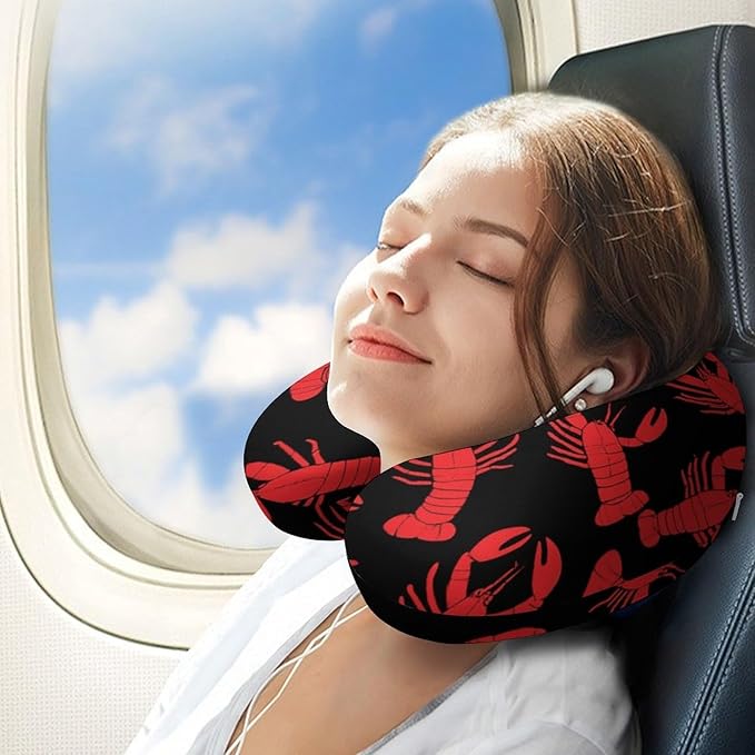 Soft Polyester Compact Neck Pillow, Red Lobster Black Art U-Shaped, Cervical Support for Home Car Travel Sleep, Machine Washable Comfort Design
