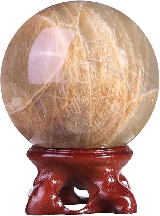 Nupuyai Natural Orange Moonstone Crystal Ball with Resin Stand, Healing Crystal Sphere for Home Decor 2.01"-2.36"(51mm-60mm)