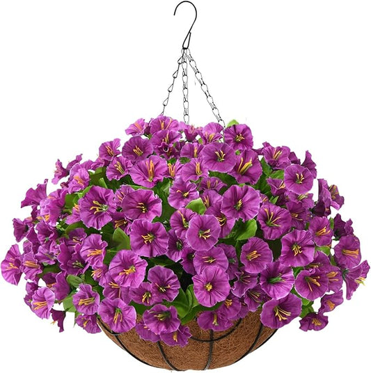 Homsunny Artificial Hanging Flowers Plants Basket for Outdoor Decoration,Fake Petunias Faux Silk Moring Glory UV Resistant for Outside Porch Patio Courtyard Spring Summer Decor(Purple)