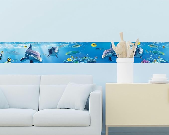 FLFK Peel and Stick Wallpaper Border Wall Decals for Kids Room - Under The Sea Fish Stickers Murals, 8" x 240" (Blue)