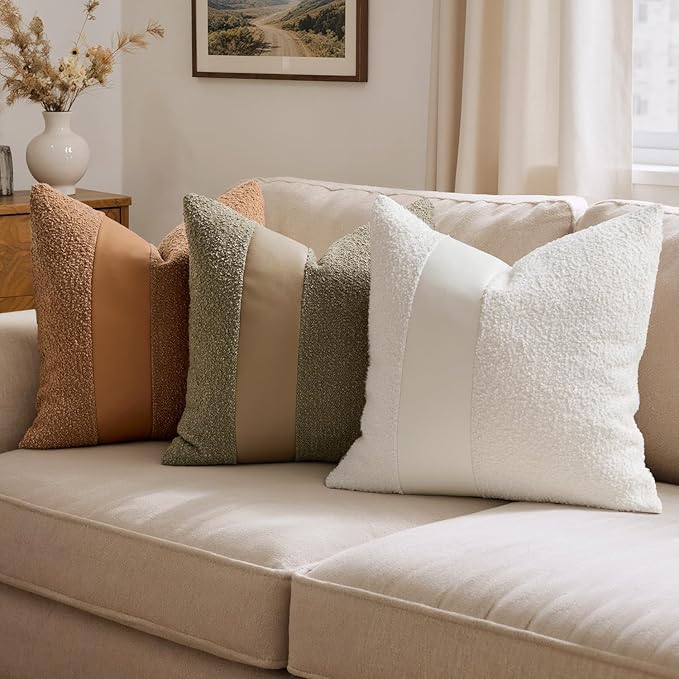 MIULEE Boucle Throw Pillow Covers 18x18 Inch Set of 2 White Faux Leather Textured Decorative Pillow Cases Boho Farmhouse Accents Cushion Covers for Couch Bed Livingroom Home Decor