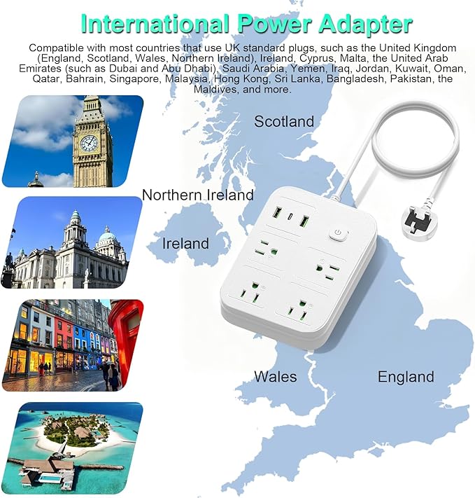 UK Adapters for Travel, UK Power Strip with 4 AC Outlets 1 USB C and 2 USB Ports, UK to US Plug Adapter Type G, UK Outlet Adapter for UK Ireland England Scotland Hong Kong Travel (3ft)