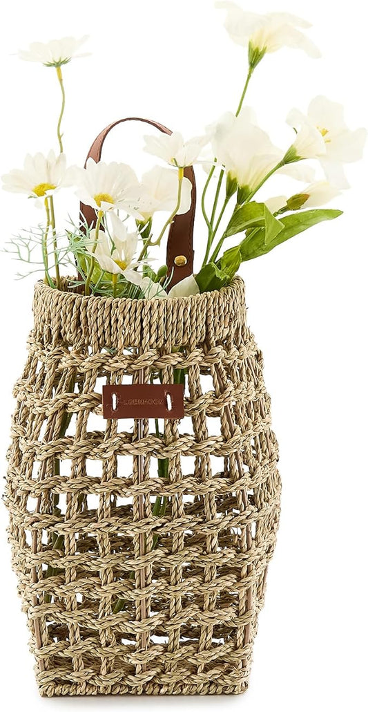 Woven Front Door Basket Water Hyacinth Wall Hanging Basket Decorative Boho Mounted Organizer for Dried Flower Plants Storage Basket for Garden, Home, and Farmhouse Décor (C_Seagrass)