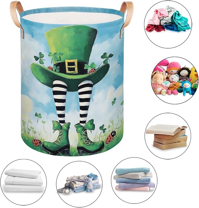 St. Patricks Day Hat Shoes Laundry Basket Foldable Laundry Baskets With Leather Handles for Bedroom Bathroom Toys Decorative Basket