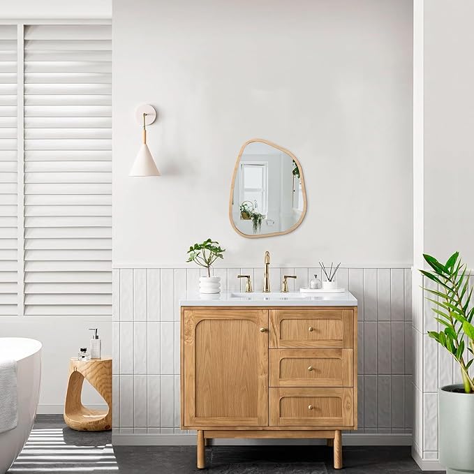 Irregular Bathroom Mirror Modern Wall Mirror Asymmetrical Wooden Framed Wall Mirror Unique Shape Wall Mounted Vanity Artistic Mirror Decor for Living Room Bedroom Entryway Small 16"x12"