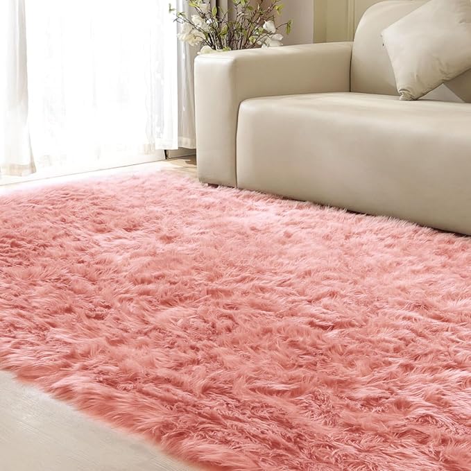 Pink Faux Sheepskin Fuzzy Fur Rugs for Bedroom Washable Shaggy Area Rugs for Living Room 3x5 Nursery Rug