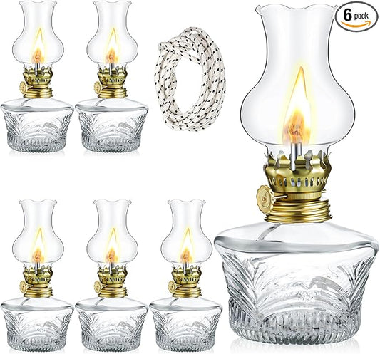 Yexiya 6 Set Vintage Glass Kerosene Lamp Rustic Oil Lamp Lantern Chamber Oil Clear Kerosene Hurricane with 6.6 ft Extra Wick for Indoor Use Lighting Decor Emergency (Ripple Style)