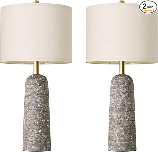 BOBOMOMO 27.25" Modern Table Lamp Set of 2, Light Grey Resin Table Lamps with Stone Look, Lamps for Living Room with Linen Shades, Bedroom Nightstand Lamps, Table Lamps for Living Room End Tables