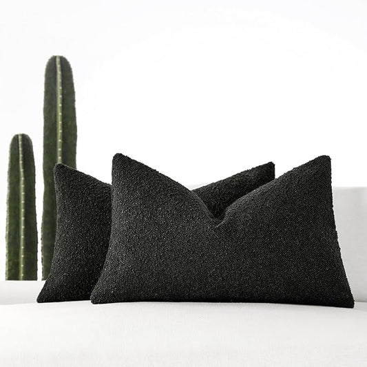 Boucle Decorative Lumbar Pillow Covers for Couch Set of 2, 12x20 inches, Black