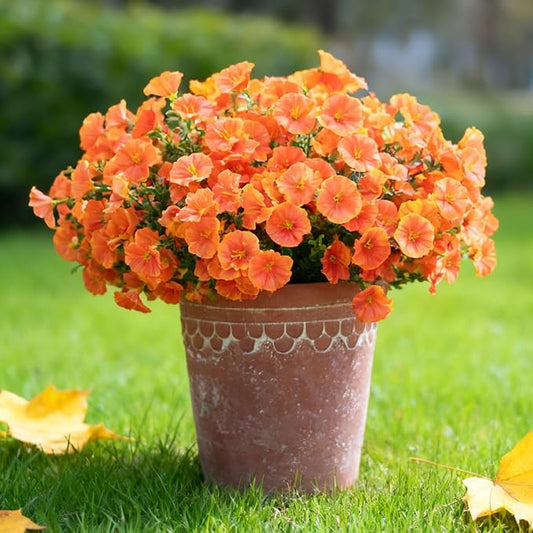 Orange Artificial Morning Glory Fall Faux Flowers for Outdoor Decoration, 12 Bundles Realistic Silk Flowers with Eucalyptus for Autumn Home Decor Patio Porch Garden Planter Window Box Yard