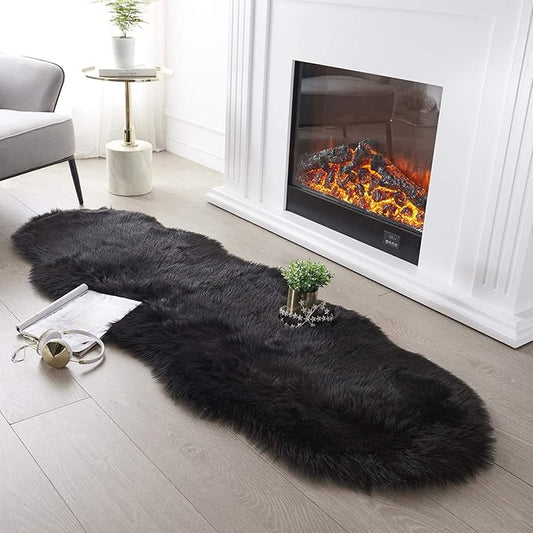 SERISSA Ultra Soft Fluffy Rug Black Faux Sheepskin Fur Area Rug Shaggy Couch Cover Seat Cushion Furry Carpet Beside Rugs for Bedroom Floor Sofa Living Room Runner 2x6 Feet Black