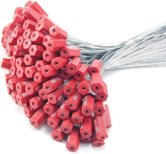 Pull-Tite Steel Security Cable Wire Seals Numbered Anti-Tamper Security Tags (Red, Pack of 50pcs)