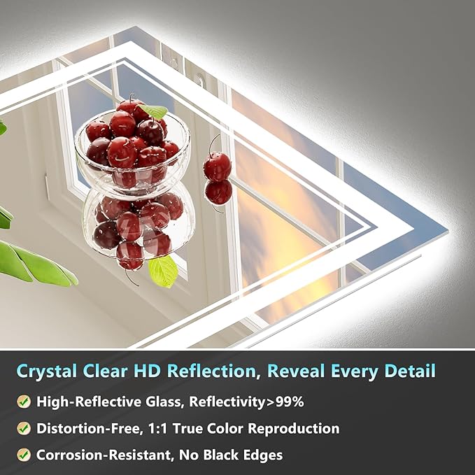 40x32 LED Bathroom Mirror with Lights, Backlit and Front Lit, Anti-Fog Lighted Vanity Mirrors for Bathroom Wall, Dimmable, 3-Color Light, Memory, Shatter-Proof, HD Tempered Glass, CRI＞90
