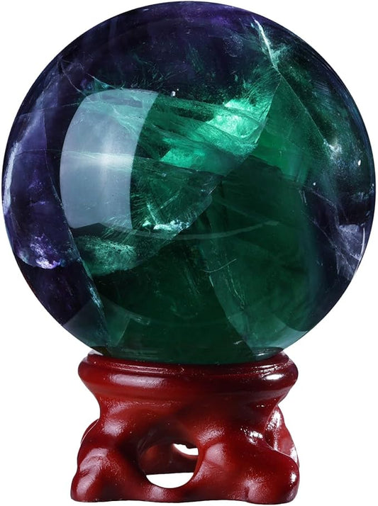Sportmusies Natural Fluorite Stone Ball with Resin Base, Polished Fluorite Sphere Figurine Desk Home Reiki Healing Decoration, 2.4-2.75 inches