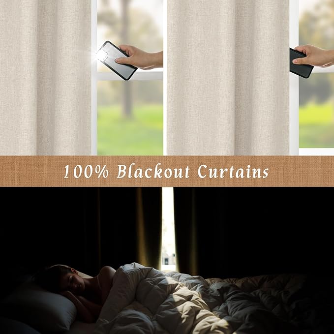 LAMIT Oatmeal 100% Blackout Linen Curtains, 63 Inches Linen Textured Thermal Bedroom Curtains Back Tab and Rod Pocket Neutral Panels with White Liner for Farmhouse, 2 Panels, 38 x 63 Inch