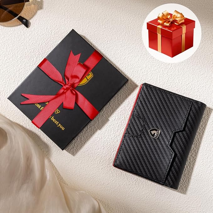 GSOIAX Wallet for Men Slim RFID Blocking Front Pocket Bifold Wallet Leather Money Clip 10-12 Cards Mens Wallet with ID Window Thin Minimalist Credit Card Holder Birthday Gifts for Men Carbon-Red