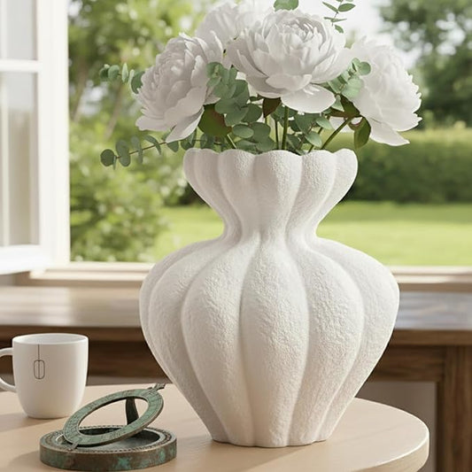White Ceramic Vase, 8.2 Inch Modern Boho White Flower Vase for Home Decor, Unique Vase for Farmhouse Living Room Cabinet Table Centerpieces Wedding Decorations
