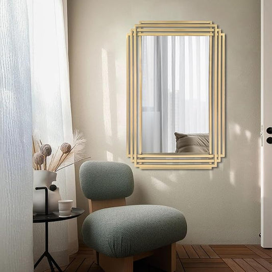 Gold Rectangle Mirror, 24"x36" Geometric Art Deco Mirror with Metal Frame, Modern Elegant Wall Mirrors for Living Room Bathroom Vanity Bedroom Entryway, Hangs Vertically or Horizontally