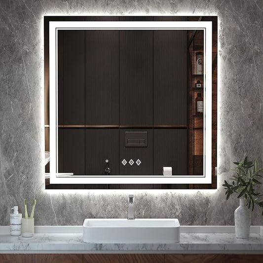LED Mirror for Bathroom, 36x36 Inch, 3 Colors Dimmable CRI>90 Double Lights, Enhanced Anti-Fog, Hanging Plate Wall Mount Lighted Vanity Mirror