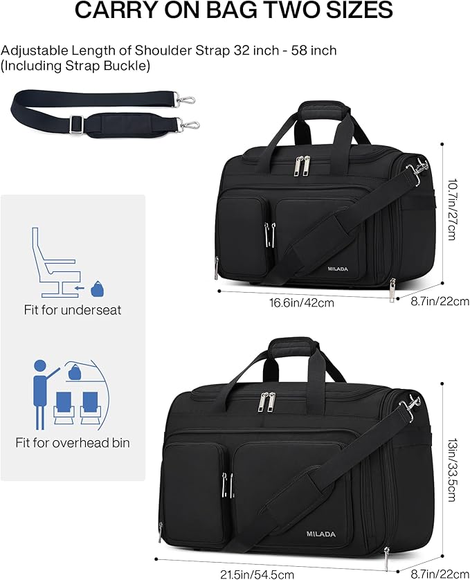 MILADA Carry On Luggage Bags for Travel Large Foldable Duffle Bag for Travel Lightweight Personal Bags for Airplanes Weekend Overnight Bags for Women Mens Travel Bag, Black