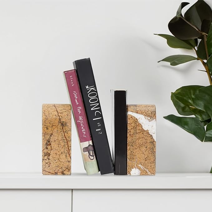 Koville Indian Natural Marble Bookends for Shelves, Decorative Book Ends, 7lbs Heavy-Duty Marble Book Holders, Bookshelf Apartment Decor for Normal Books/CD/Video Games(Rainforest Gold)