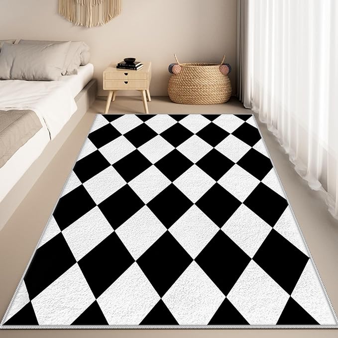 Checkered Rug, Black White Rug, Washable Rugs 2x3, Geometric Rhombus Plaid Area Rugs, Grid Gingham Carpet for Living Room Non Slip Home Decor