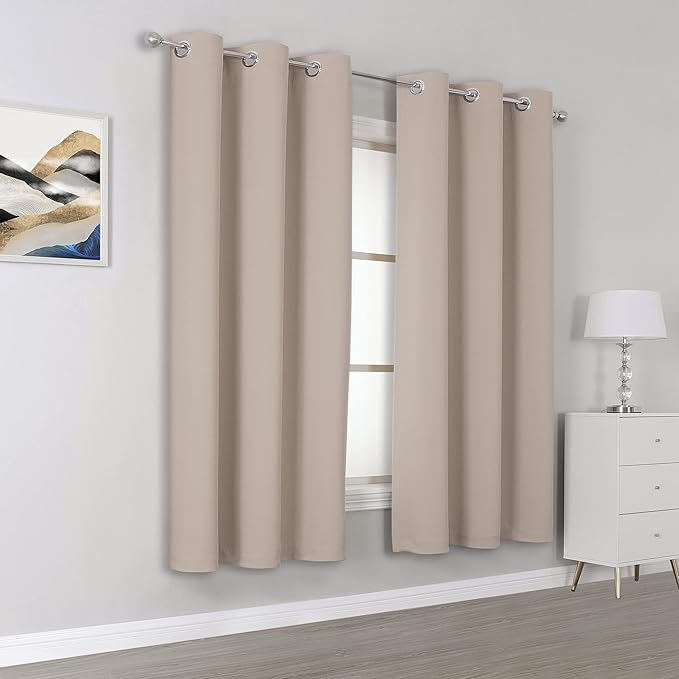 DUALIFE 54 Inch Taupe Blackout Curtains for Bedroom Short Windows Solid Blackout Curtain Panels Thermal Insulated Grommet Top Room Darkening Curtains for Bedroom 38 x 54 Inch Length Light Brown
