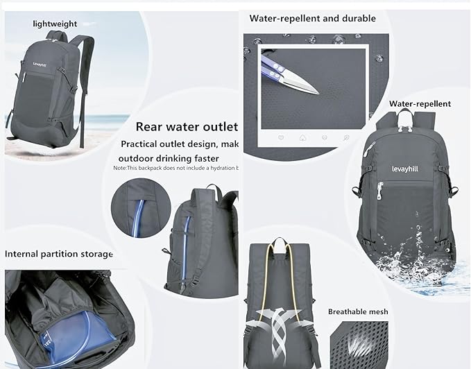 30L Foldable Backpack & Bucket Hat 2 In 1 Combo, Lightweight packable Travel and Fisherman Hat Set, Compact Collapsible Daypack with Sun Hat (Gray)
