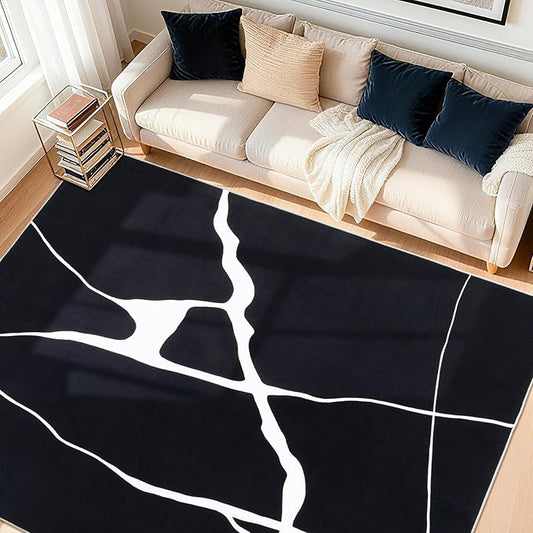 YIHOUSE Abstract Washable Rug 5x7,Ultra Thin Non Slip Black Rugs for Living Room,Modern Minimalist White Stripe Rugs for Bedroom,Dining Room Office Playroom (5'x7',Black-1)