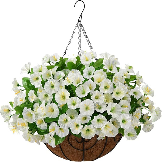 Homsunny Artificial Fake Hanging Flowers Plants Basket for Outdoors,Artificial Petunias for Outdoor Fake Silk Flowers Porch Patio Courtyard Spring Summer Decor(Green White)