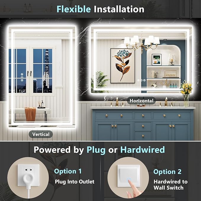 50x36 Inch LED Bathroom Mirror with Lights, Backlit & Front Lit, Anti-Fog Lighted Vanity Mirrors for Bathroom Wall, Dimmable, 3-Color Light, Memory, Shatter-Proof, HD Tempered Glass, CRI ＞90