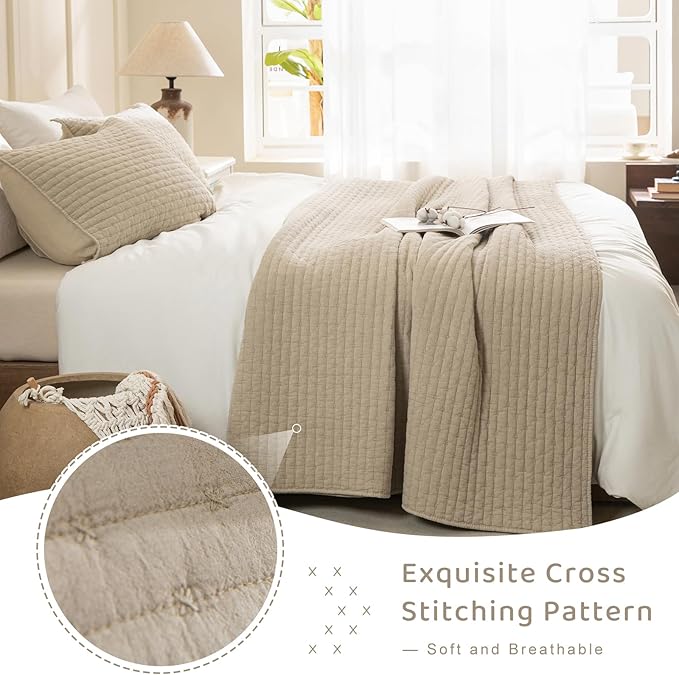 Sanracie Cotton Oversized King Bedspread(128"x120"), Soft Dark Wheat Color Stonewashed Extra Large Wide Oversized Quilt Sets Cross Stitch Lightweight Crinkle Coverlet Set 3Pcs for All Season