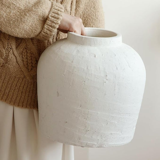 Large Ceramic Vase, 11" Rustic Farmhouse Terracotta Vase for Home Decor, Handicraft Decorative Flower Vase for Living Room, Table Centerpiece, Bedroom (Rustic White)