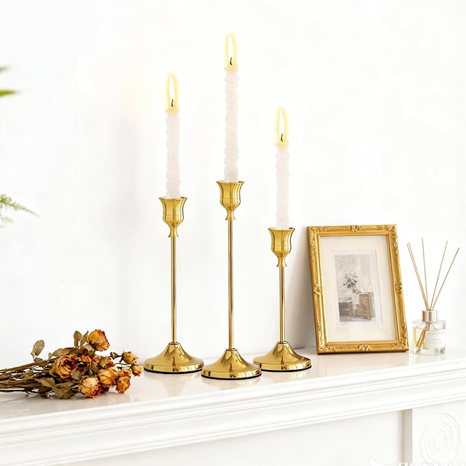 Taper Candle Holders, Tall Vintage Metal Candlestick Holders, 3 PCS Gold Candle Sticks Holders for Home Decor Table Centerpiece Wedding Housewarming Festival, Gold, 1 Set (3 pcs)