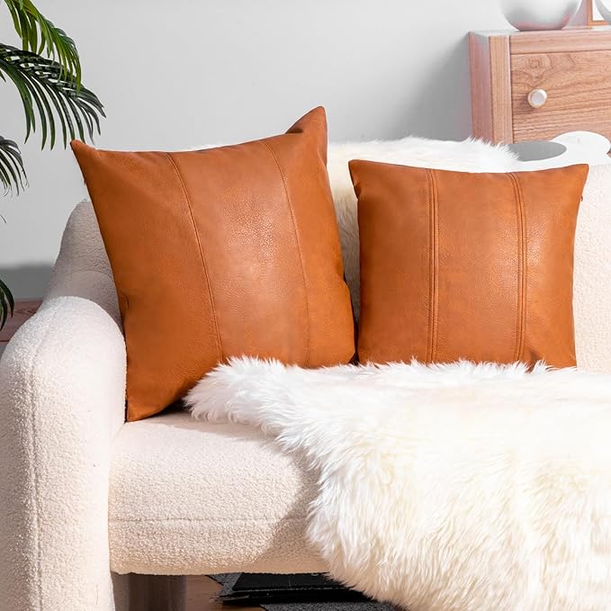 Faux Leather Throw Pillow Covers 22X22 Inch Set of 2 Brown Outdoor Modern Farmhouse Solid Decorative Pillow Covers for Room Couch Living Bedroom Bed Sofa